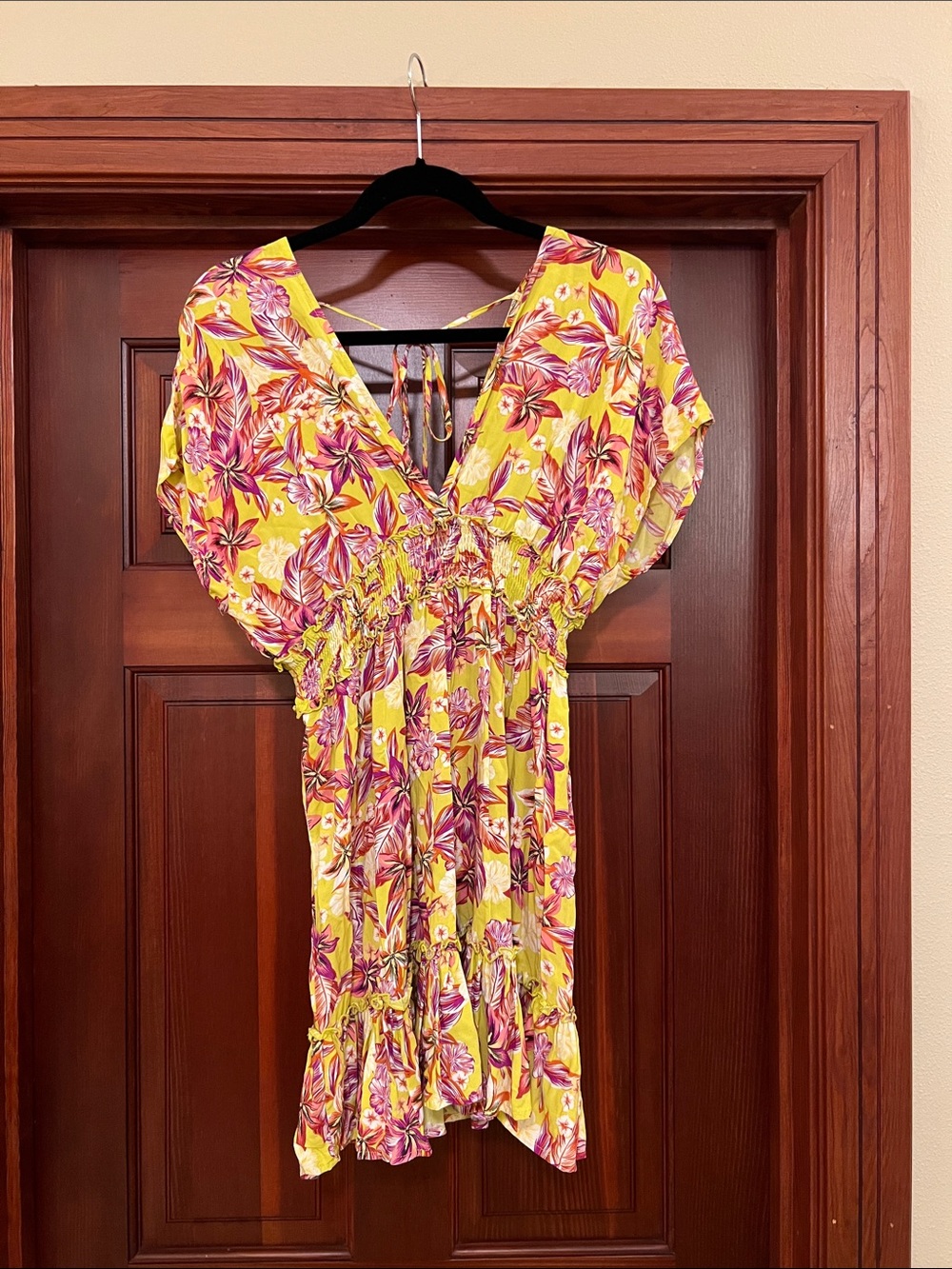 blue island Yellow Floral V-Neck Beach Coverup with Pink Accents